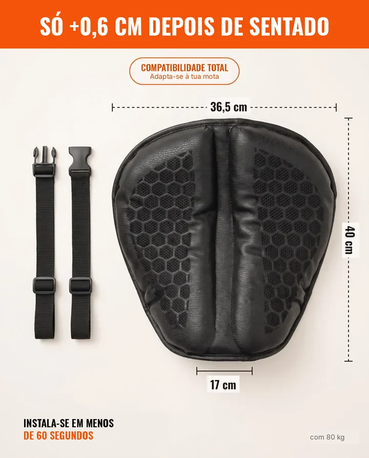Dimensões: 40 cm × 36,5 cm × 17 cm. Só +0,6 cm depois de sentado, com 80 kg