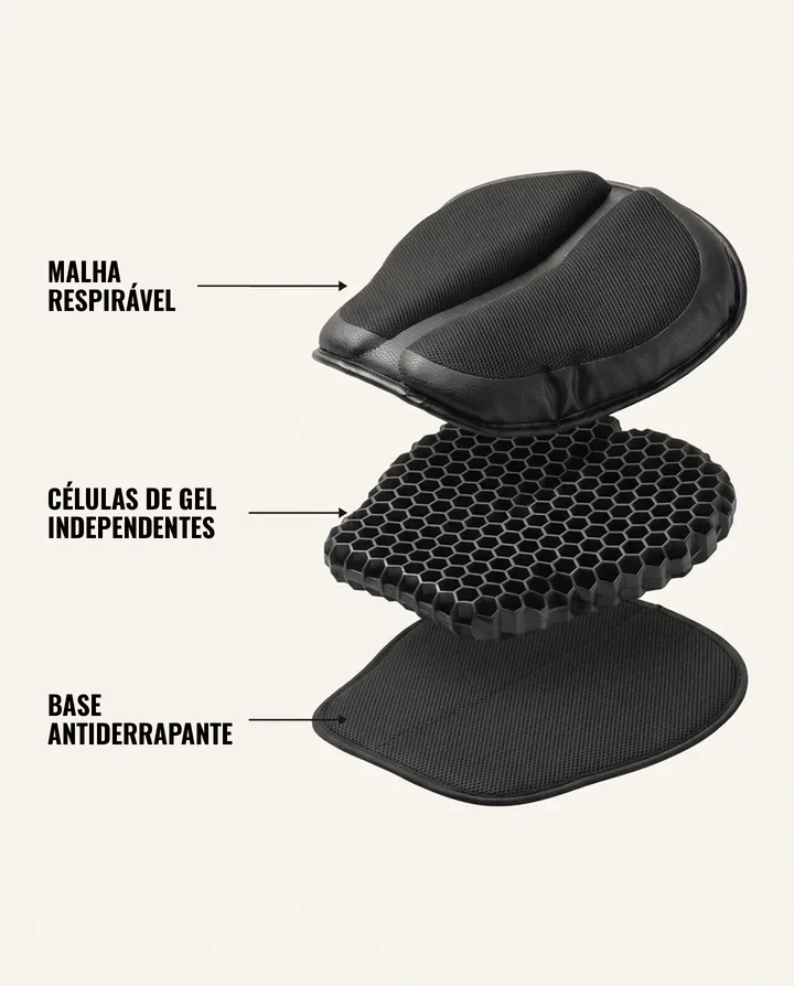 Malha respirável, células de gel, base antiderrapante
