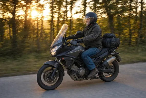 Motociclista numa mota de turismo carregada, estrada longa ao pôr do sol